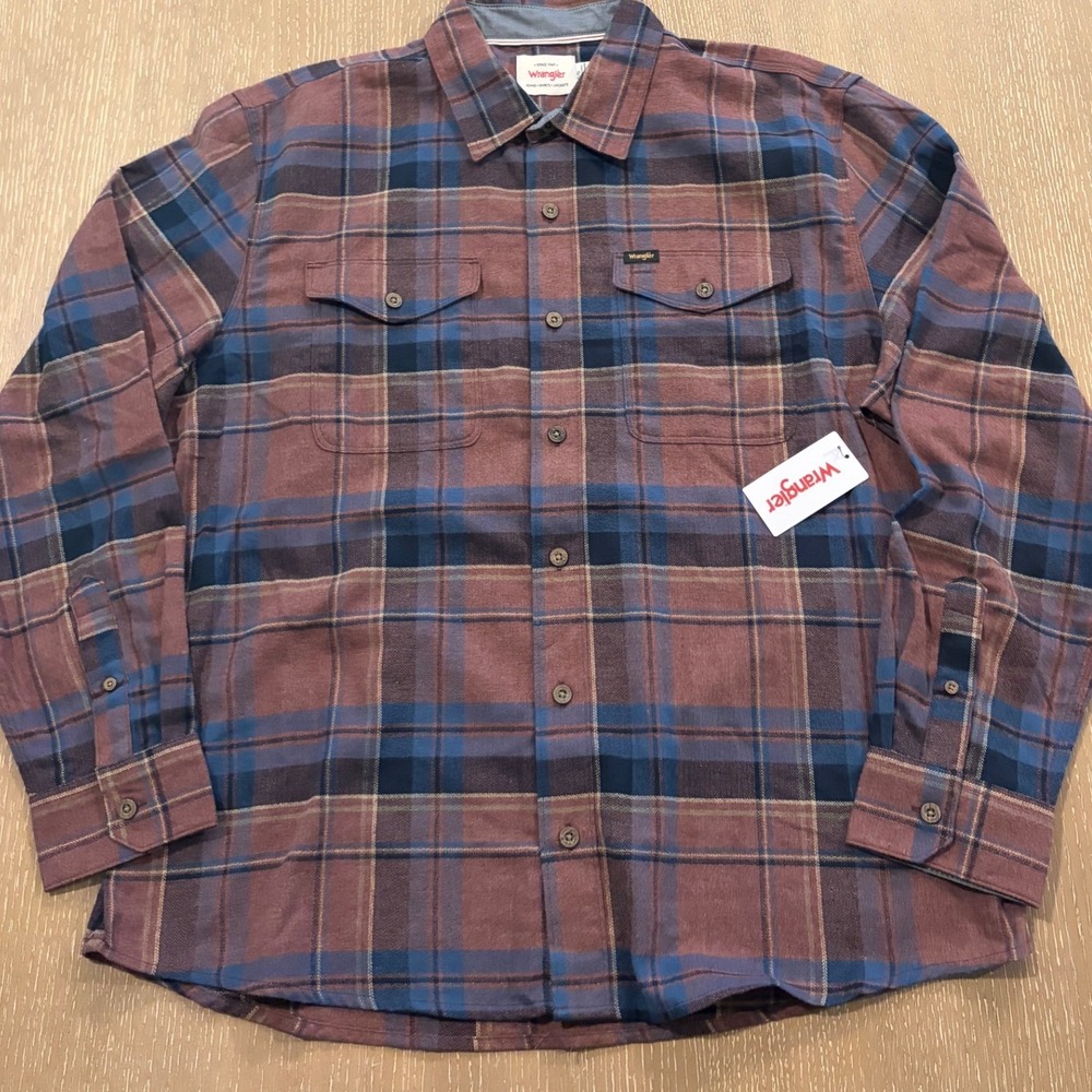 Wrangler Mens XL Plaid‎ Flannel Shirt Brown Blue Button Front NWT